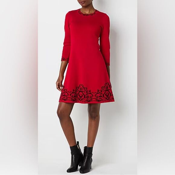 Jessica Howard Dresses & Skirts - NWT SZ S Jessica Howard 3/4 Sleeve Red w/Black Scroll Sweater Dress